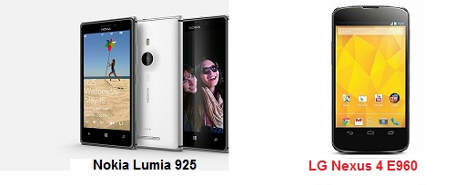 เปรียบเทียบ Nokia Lumia 925 กับ  LG Nexus 4 E960